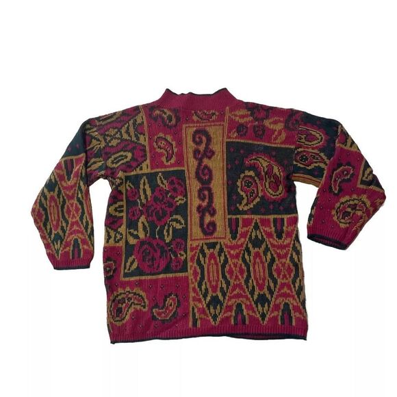 UNITED STATES SWEATERS Vintage Knit Womens M Red Paisley Patchwork Pullover USA - Picture 2 of 12
